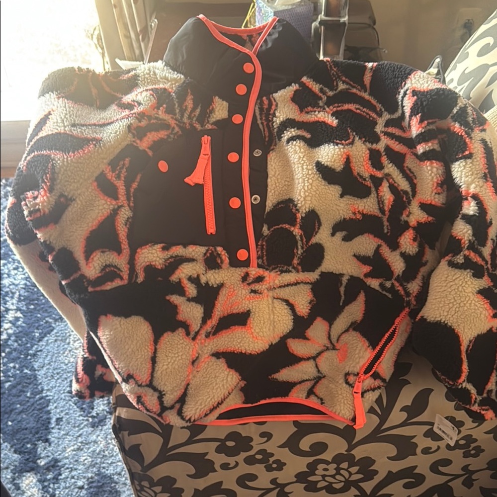 Floral Fleece Pullover with Neon Accents